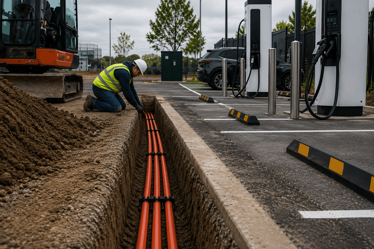 Cable being laid to a live EV charger forecourt