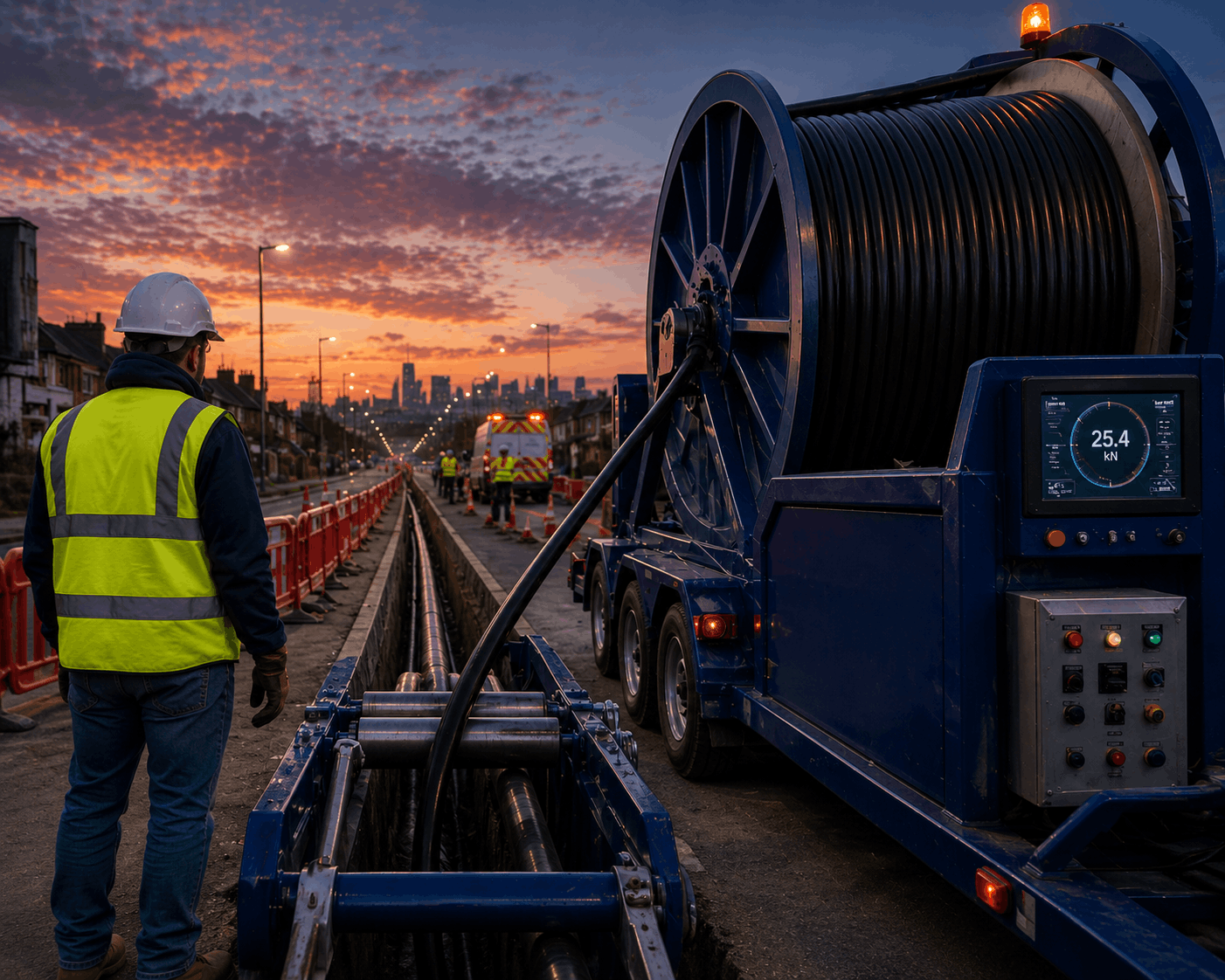 Electrical Excavations crew with cable drum trailer pulling cable at sunset